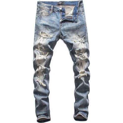 SEVEYFAN 2021 Mens Fashion Painted Jeans Distressed Broken Hole Slim fit Denim Pants for Male