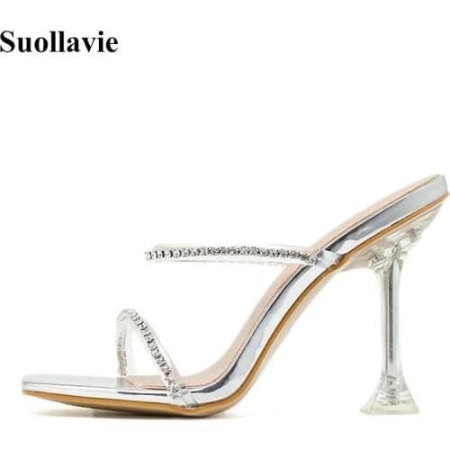 Suollvie 2020 women slippers crystal side shoes fashion low heel for women casual ladies footwear band strap female Mules Shoes