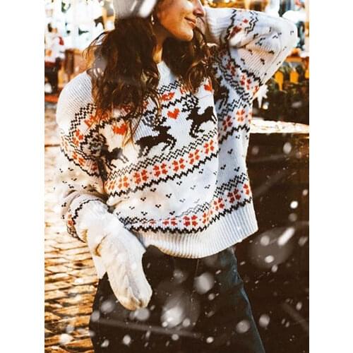 Simplee O-neck Fashion Christmas sweaters women long sleeve Autumn winter deer print knitted female pullover Chic ladies sweater