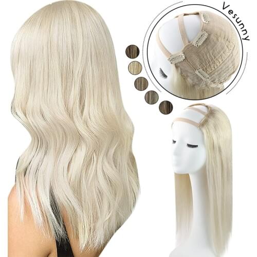 Vesunny U Part Wigs Half Wigs Remy Human Hair Extensions 12-24" One Piece with Clips Medium Cap Blonde Wigs 100g-180g