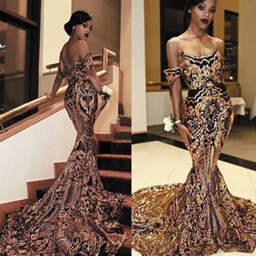 SuperKimJo Black and Gold Evening Dresses Long Mermaid Modest Sparkly Elegant Vintage Luxury Evening Gown 2021 Abendkleider