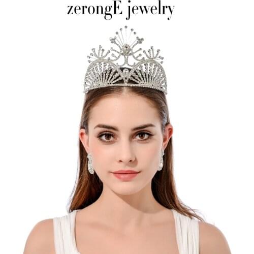 ZerongE jewelry 4.1"Wedding Bridal Crystal Tiara Crowns Princess Queen Pageant Prom Rhinestone Tiara Headband with earring match