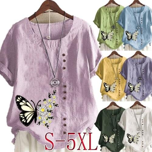 Womens New Fashion Summer Floral Prined Round Neck Short Sleeve T-shirt Casual Loose Solid Color Blouse Tops Plus Size