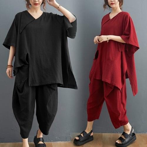 Female new summer national style plus size cotton and linen solid color loose two-piece wide-leg pants
