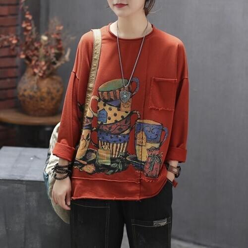 Women Spring Summer Fashion Brand Cotton Long Sleeve O Neck Cup Cartoon Printing Oversized Tshirt Female Vintage Casual Tees