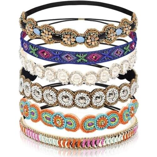 Elastic Rhinestone Beads Ladies Handmade Headbands Vintage Crystal Hair Jewelry Accessories For Women Colorful Outdoor Headwrap