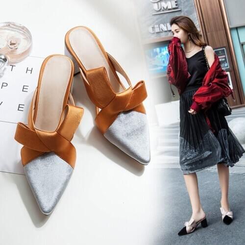 2021 Summer New Web Celebrity Women Sandals Elegant Silk Butterfly Big Heel Lady Shoe Super Contrast Color Girl Femaile Slippers