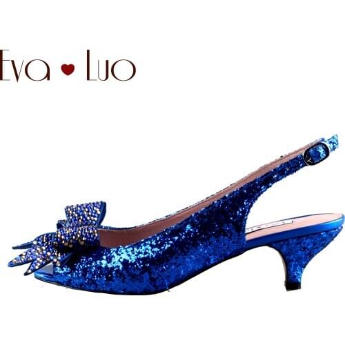CHS1125 Custom Made Royal Blue Glittler Shoes Peep Toe Women Shoes Dress Pumps Low Heel Bridal Wedding Shoes