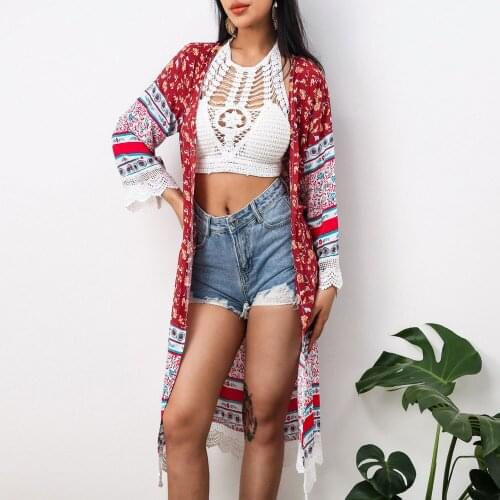 Women Beach Long Kimono Enthic Floral Print Lace Splice Loose Cardigan Summer Casual Holiday 2021 Chiffon Beach Blouses