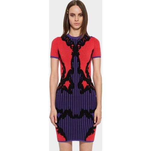 Newfangled Harlequin Print Femme Knitted Dress Short Sleeve Round Neck Button Embellished Striped Skinny Mini Party Women Dress