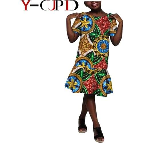 African Clothes for Kids High Quality Baby Girls Ankara Print Draped Loose Dresses Bazin Riche Casual Children Outfits YA184004
