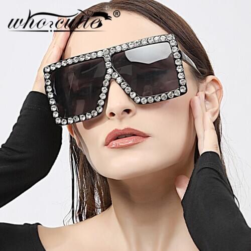 Oversized Square Sunglasses with Rhinestone Decor 2020 Brand Design High Quality Large Frame Embedded Diamond Glasses Women S377