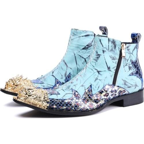 Fashion Men Ankle Boots Soft Leather Male Pointed Toe Men Blue Wedding Zipper Shoes Metal Gold Suede Comfortable Chelsea Boots