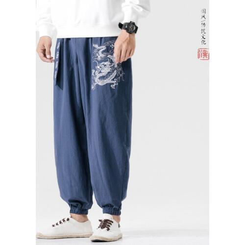 Japanese Casual Kimono Pants Dragon pattern Loose Samurai Print Trouser Japan Men Traditional Asian Costume Yukata Style Cotton