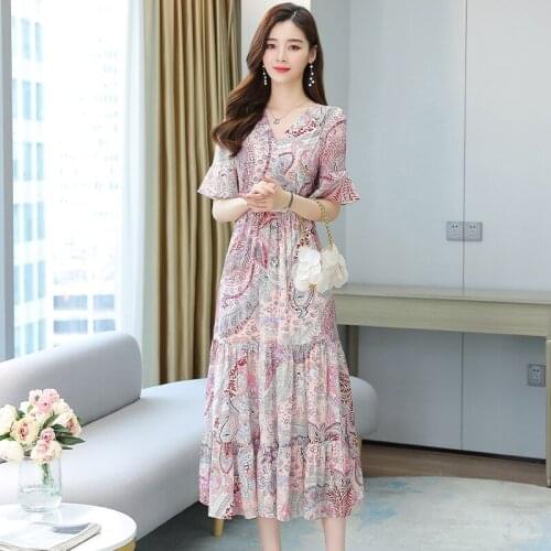 Europe new womens floral small fresh and fashionable waist V-neck printed silk A-line skirt Dress summer