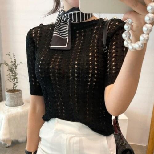 Korean Summer Cotton Shirts Women 2021 New Buttons Pullover Knitwear Clothing Plus Size Casual Sweater Short Sleeve Tops 14738