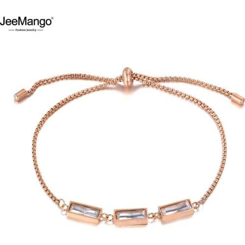 JeeMango New Design Sparkling CZ Crystal Charm Bracelets For Women Girls Rose Gold Stainless Steel Box Chain Bracelet JB19102
