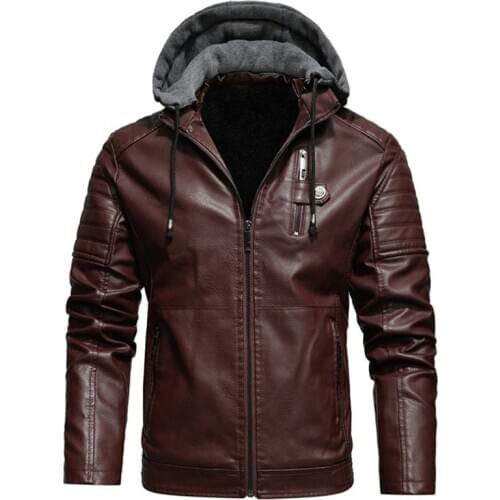 Men Solid Color Jacket Fashion Hooded Plus XL 5XL Winter Coat Men PU Leather Drawstring Pocket Zipper Streetwear Plush Jacket