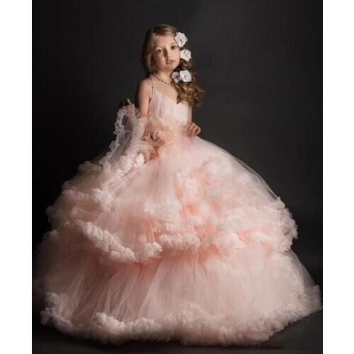 Girls Wedding Party Dresses Pink Ball Gown Pink Lovely Flower Girl Dress 2017 Long Tulles Baby Girl Toddler Pageant Gowns Kids F