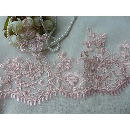 Pink Alencon Lace Trim Scalloped Corded Embroidered Lace Bridal Lace Trim 5.9" Wide 6 Yards