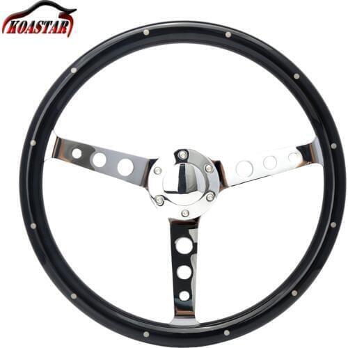 Universal 380mm 15 inch Classic Wood Steering Wheel with Rivet Black Wooden Racing Car Steering Wheel with Chrome Silver Spoke