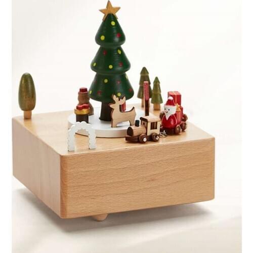 Rotating Wooden Music Box Clockwork Craft Santa Claus Christmas Tree Tunnel Train Roller Coaster Music Box Christm Birthday Gift