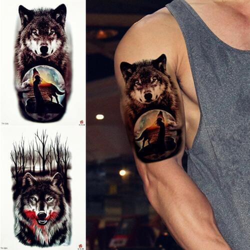 REJASKI Tribal Wolf Moon Howl Temporary Tattoo Sticker Cover Forest Waterproof Tattoos Body Art Arm Fake Tatoo Men Fashion
