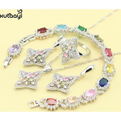 XUTAAYI 4PCS Silver colorcolor Overlay Jewelry Sets Multicolor Stones Classy Wedding Necklace/Rings/Earrings/Bracelet
