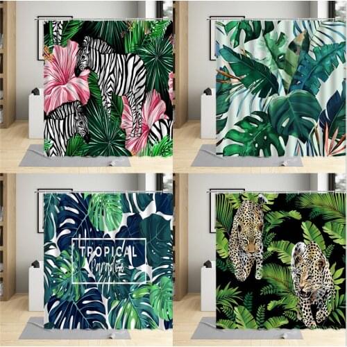 Green Leaves Shower Curtain Tropical Plant Flower Animal Watercolor Palm Leaf Wall Decoration Cloth Bathroom Hanging Curtain Set
