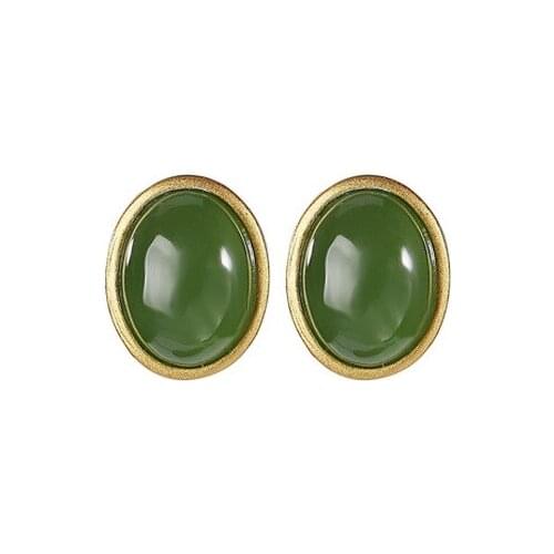 S925 sterling silver gold plated Natural Hetian jade Jasper Ear studs Simple All-matching Temperament Ellipse Ladies Earrings