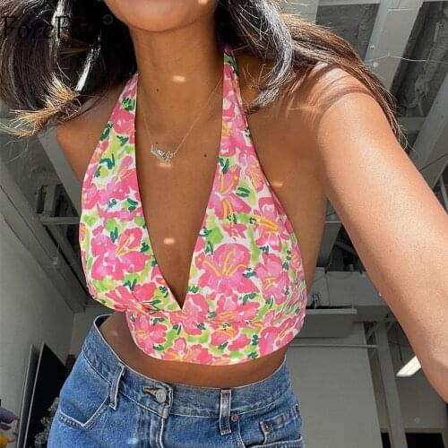 Forefair V Neck Pink Sexy Crop Top Floral Print Halter Neck Backless Women 2021 Casual Bandage Summer Y2k Tank Tops Beach