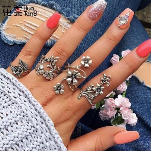 HuaTang Vintage Hollow Big Flower Bohemian Rings Set for Women Charming Gold Color Midi Knuckle Rings Jewelry Accessories 6047