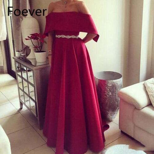 2019 A-Line Burgundy Evening Dresses Long Off Shoulder Prom dress for teens Jewels Sashes Satin Formal Evening Dress for Women
