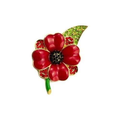 2 Inch Gold Plated Red Enamel and Rhinestone Crystal Poppy Flower Brooch with Leaf