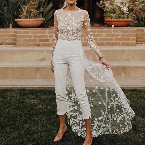 White Jumpsuit Women Elegance Lace Tulle Long Robe See Through Straight Pants High Waist Pantsuit Bodysuit Overalls Woman