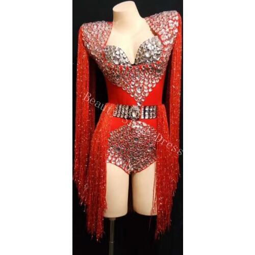Blue Red Big Rhinestones Tassel Bodysuit Bra Womens Birthday Celebrate Outfit DJ Women Singer Show Nightclub Costume Clothes