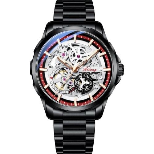 Hollow Dial Luminous Men Automatic Mechanical Watches Men Black Stainless Steel Watches Fashion Skeleton Steampunk Male Clock