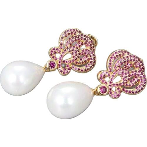 GG Jewelry Teardrop White Sea Shell Pearl Golden Plated Fuchsia Cz Drop Earrings