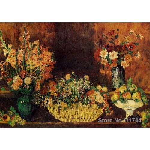 Paintings by Pierre Auguste Renoir Vase Basket of Flowers and Fruit reproduction art High quality Hand painted