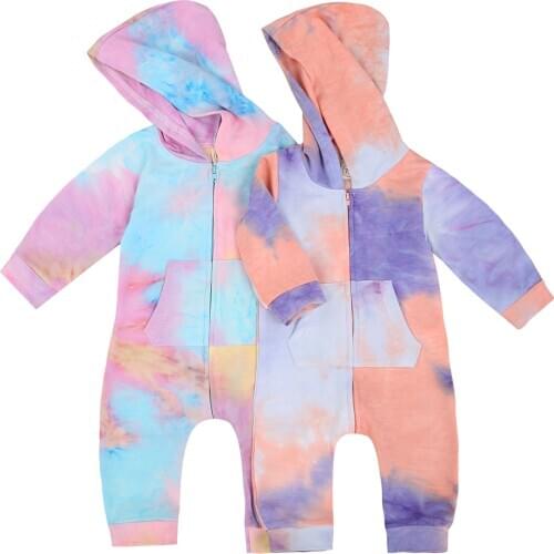 Baby Boy Girl Hooded Rompers, Long Sleeve Tie Dye Print Zip Up One Piece Jumpsuit Pants with Pocket
