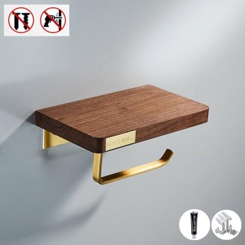 Creative Toilet Paper Holder Wall Mount Black Walnut Tissue Holder Solid Wood Brass Phone Holder