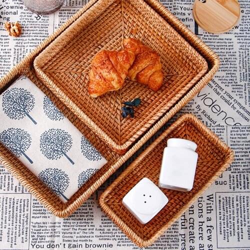 Square Hand Woven Storage Basket Rattan Serving Tray Wicker Baskets Plate for Bread Fruit Drink Coffee Tea Food Breakfast Decor