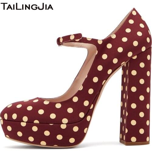 Hot Retro Red Women Wave Point Buckle Round Toe Platform Pumps Ladies Retro Cute Blue Block Heel Party Large Size Free Shipping