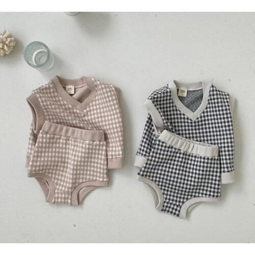 2021 Autumn New Baby Clothes Set Cute Plaid Vest + Pp Pants 2pcs Infant Suit Boys And Girls Sleeveless Set Toddler Kids Outfits
