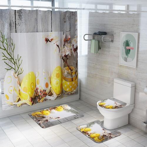 Easter Waterproof Fabric Shower Curtains with Hooks Eggs Print Bathroom Curtain Sets Rug Lid Toilet Cover Bath Mat Set