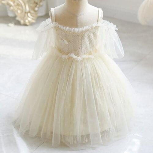 Girls Dress New Trendy Fan Sleeveless Solid Color Birthday Lace Mesh Western Princess Dress Clothes Childrens Skirt