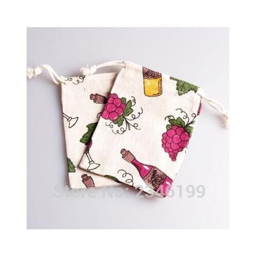 50pcs 9x12cm 14x16cm 19x24cmCotton Gift Bags With Grape & Wine Printing Storage Package Lovely Drawstring Pouches Packaging Bags