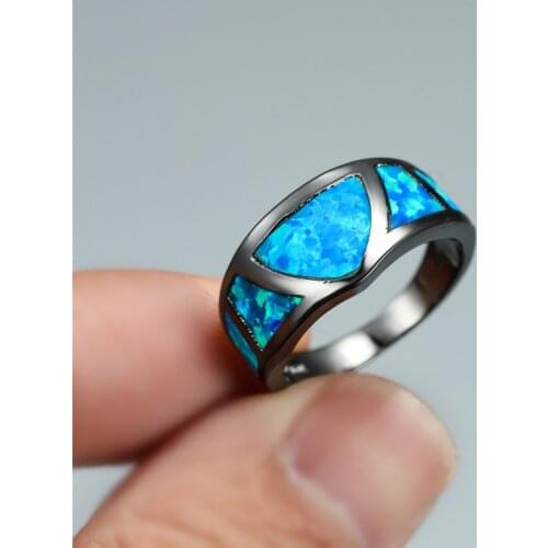 Geometric Triangle Birthstone Ring Blue Fire Opal Stone Rings For Women Black Gold Engagement Ring Vintage Bride Wedding Jewelry