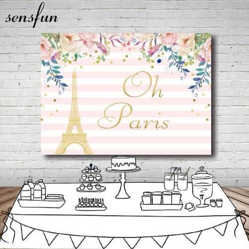 Sensfun Flower Paris Eiffel Tower Backdrop For Photo Studio Pink And White Striped Backgrounds Custom Vinyl 7x5FT