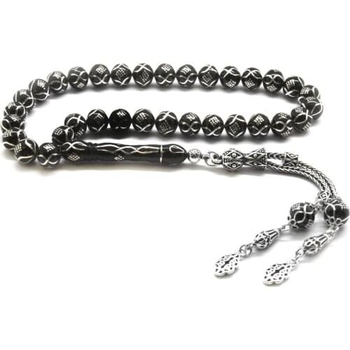 Tesbihane 925 Sterling Silver Tassels Silver Engraved Istanbul Cut Erzurum Oltu stone Rosary